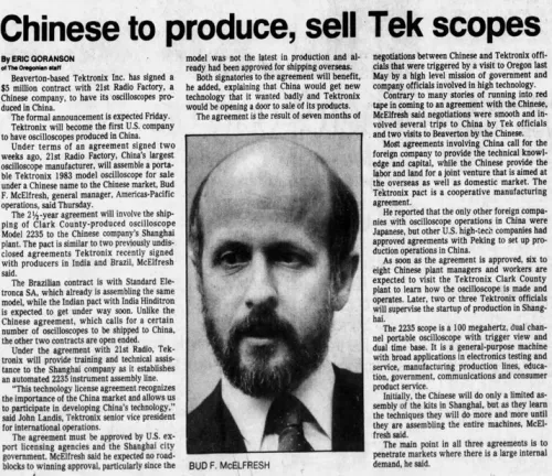 Newspaper clipping from The Oregonian, 1 March 1985