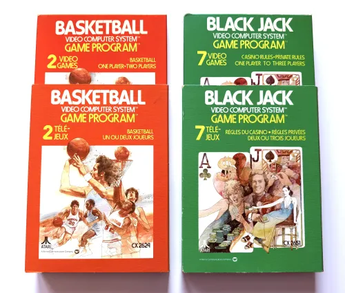 Basketball and Black Jack boxes for the Atari 2600 - Revealing boxes sliding out of cardboard sleeves
